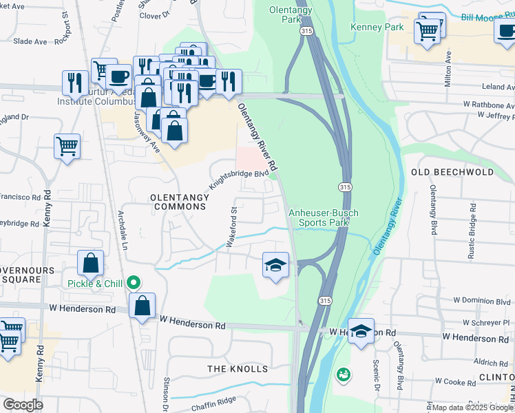map of restaurants, bars, coffee shops, grocery stores, and more near 5950 Hedgebrooke Avenue in Columbus