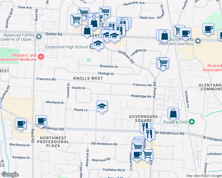 map of restaurants, bars, coffee shops, grocery stores, and more near 1364 Weybridge Road in Columbus