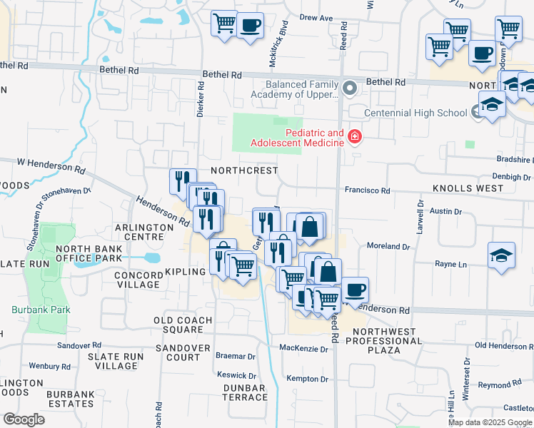 map of restaurants, bars, coffee shops, grocery stores, and more near 2012 Willoway Court South in Columbus
