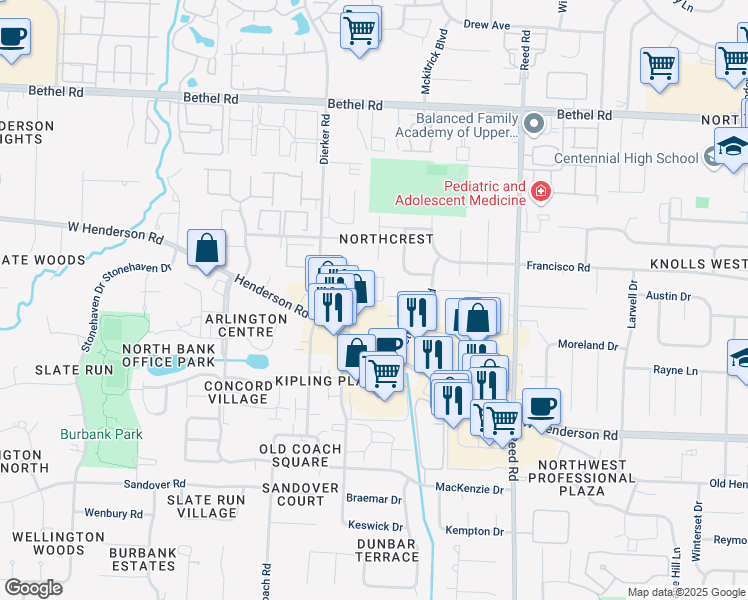 map of restaurants, bars, coffee shops, grocery stores, and more near 2049 Willoway Court South in Columbus