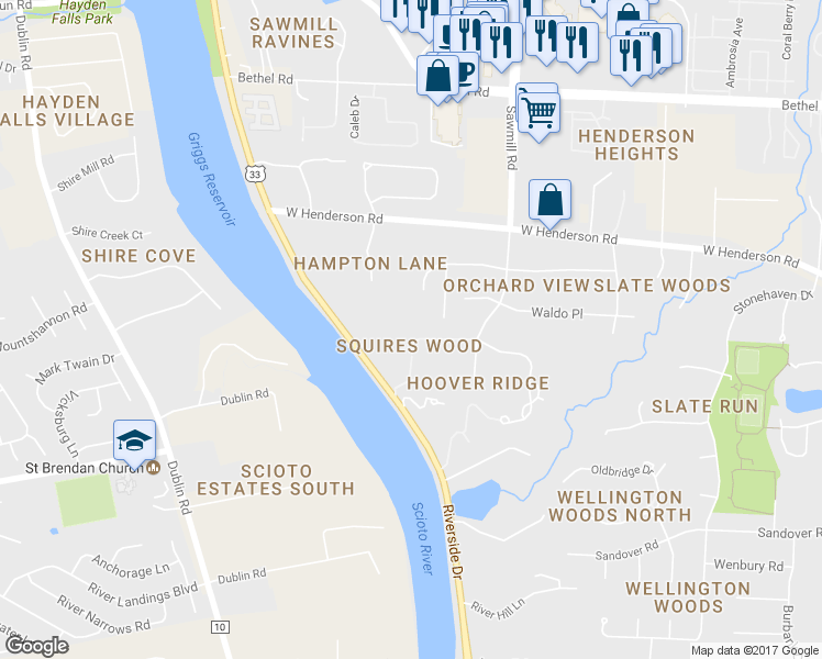 map of restaurants, bars, coffee shops, grocery stores, and more near 2900 Squires Ridge in Columbus