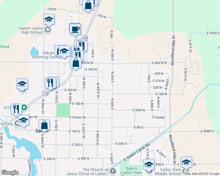 map of restaurants, bars, coffee shops, grocery stores, and more near 194 North 500 East in Salem