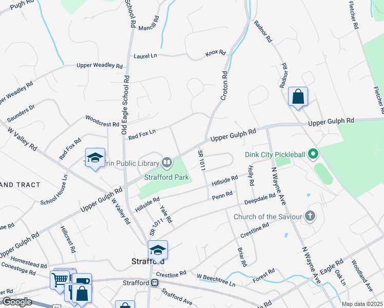 map of restaurants, bars, coffee shops, grocery stores, and more near 640 Upper Gulph Road in Wayne