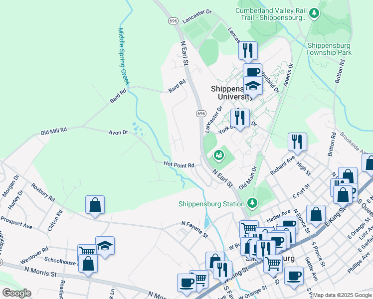 map of restaurants, bars, coffee shops, grocery stores, and more near 906 Bard Drive in Shippensburg