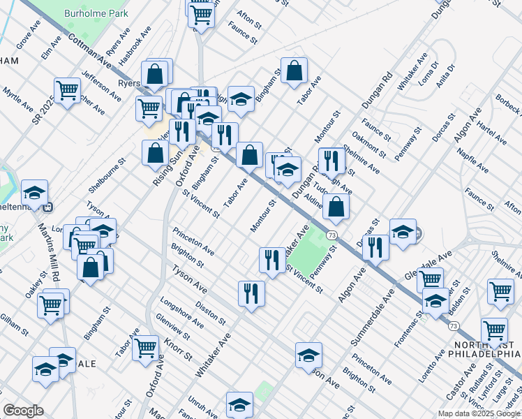map of restaurants, bars, coffee shops, grocery stores, and more near 7238 Montour Street in Philadelphia