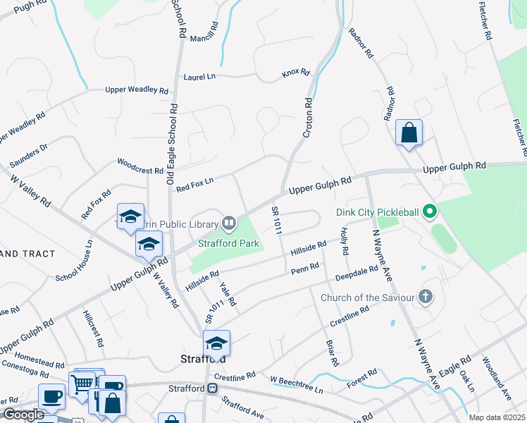 map of restaurants, bars, coffee shops, grocery stores, and more near 640 Upper Gulph Road in Wayne
