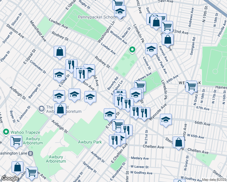 map of restaurants, bars, coffee shops, grocery stores, and more near 6700 Hollis Street in Philadelphia