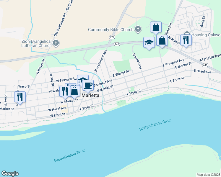 map of restaurants, bars, coffee shops, grocery stores, and more near 235 East Market Street in Marietta