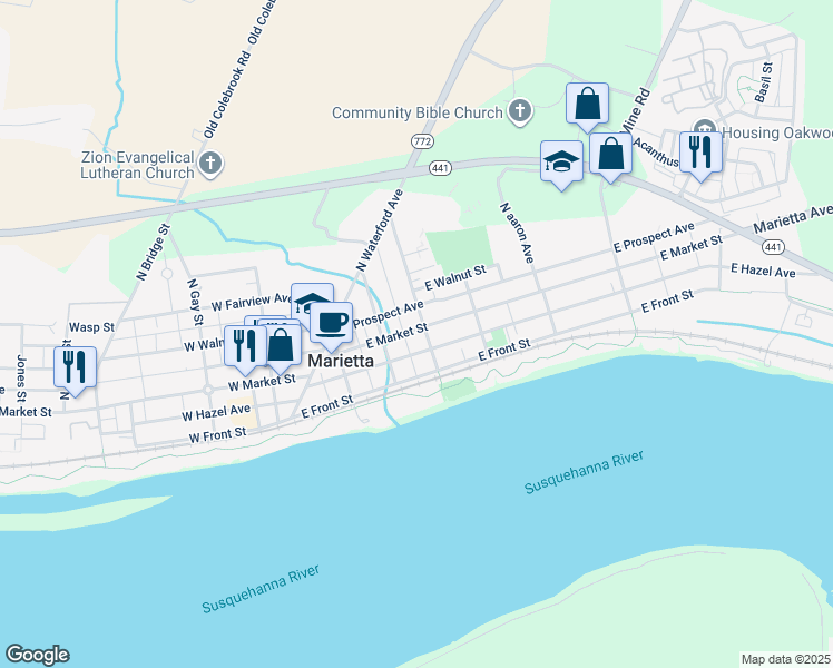 map of restaurants, bars, coffee shops, grocery stores, and more near 235 East Market Street in Marietta