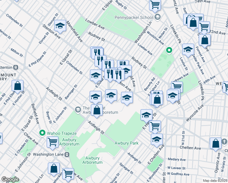map of restaurants, bars, coffee shops, grocery stores, and more near 1324R Washington Lane in Philadelphia
