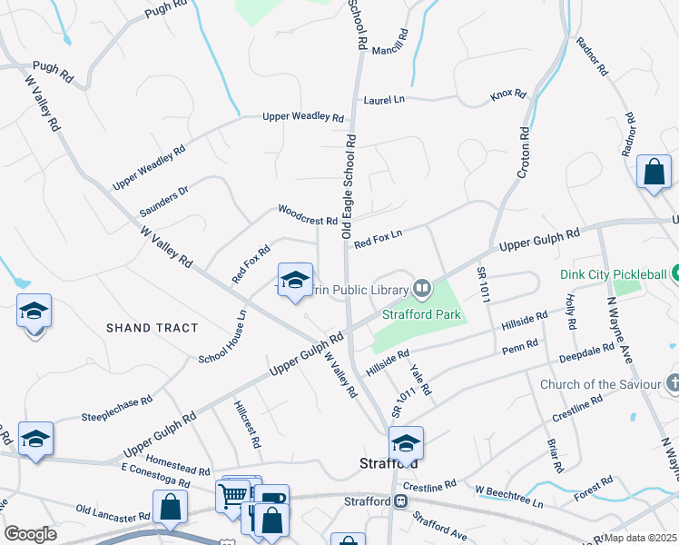 map of restaurants, bars, coffee shops, grocery stores, and more near 360 Old Eagle School Road in Wayne