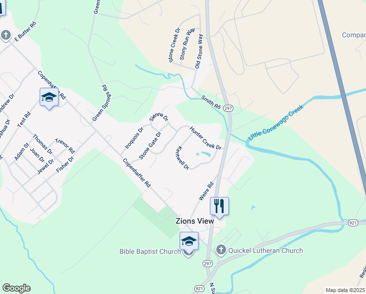 map of restaurants, bars, coffee shops, grocery stores, and more near 305 Kentwell Drive in York
