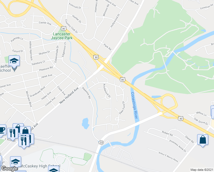 map of restaurants, bars, coffee shops, grocery stores, and more near 8 Knollwood Drive in Lancaster