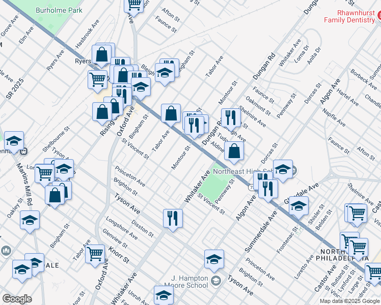 map of restaurants, bars, coffee shops, grocery stores, and more near 7253 Montour Street in Philadelphia