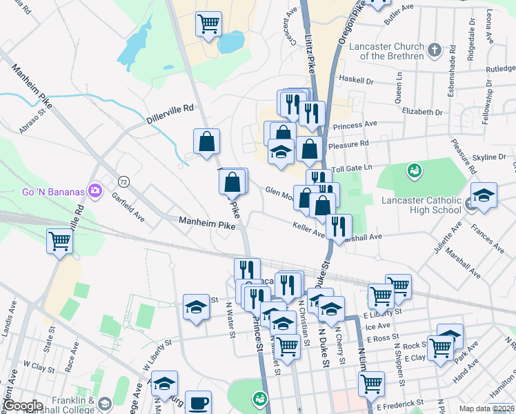 map of restaurants, bars, coffee shops, grocery stores, and more near 87 Keller Avenue in Lancaster