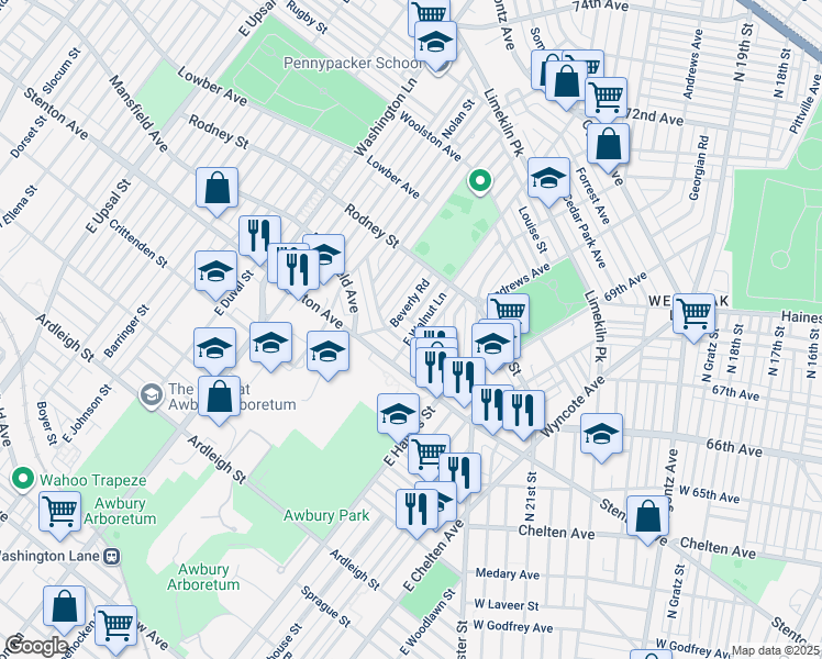 map of restaurants, bars, coffee shops, grocery stores, and more near 6700 Hollis Street in Philadelphia