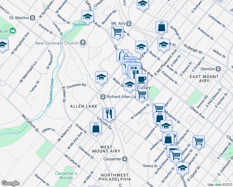 map of restaurants, bars, coffee shops, grocery stores, and more near 126 West Mount Airy Avenue in Philadelphia