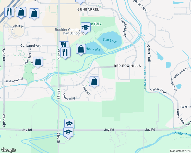 map of restaurants, bars, coffee shops, grocery stores, and more near 6562 Barnacle Street in Boulder