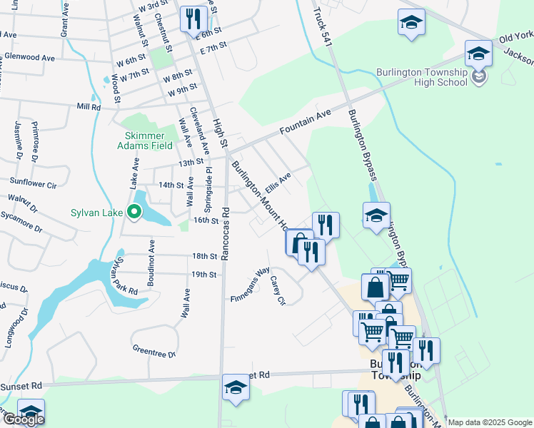 map of restaurants, bars, coffee shops, grocery stores, and more near 1506 Mount Holly Road in Burlington