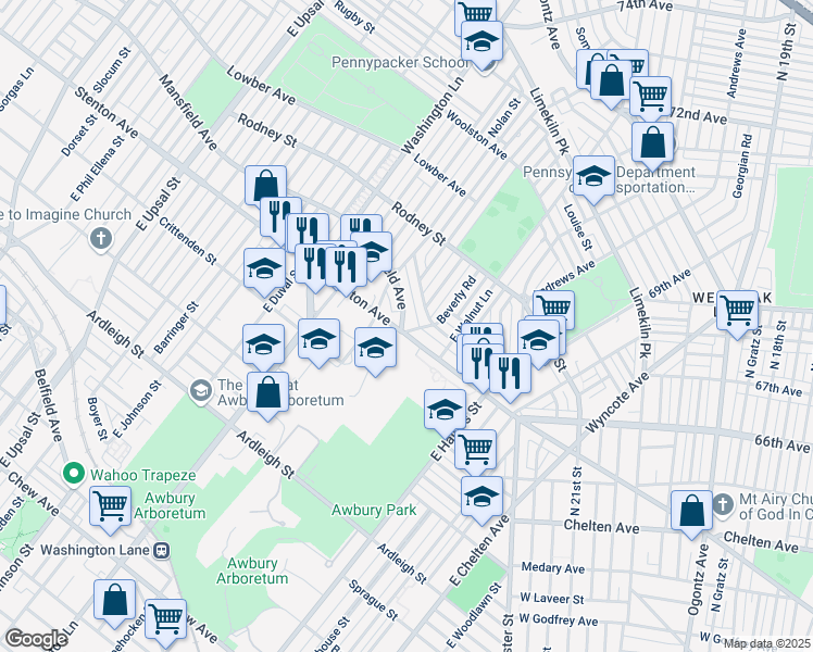 map of restaurants, bars, coffee shops, grocery stores, and more near 7203 Stenton Avenue in Philadelphia