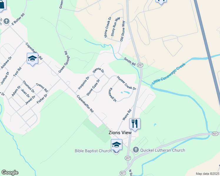 map of restaurants, bars, coffee shops, grocery stores, and more near 320 Kentwell Drive in York