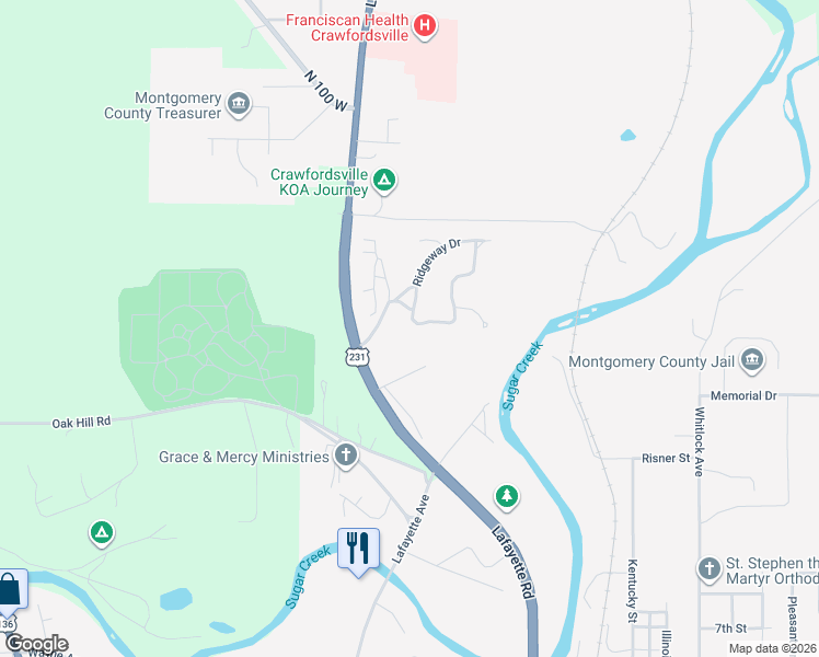 map of restaurants, bars, coffee shops, grocery stores, and more near 1101 Ridgeway Drive in Crawfordsville