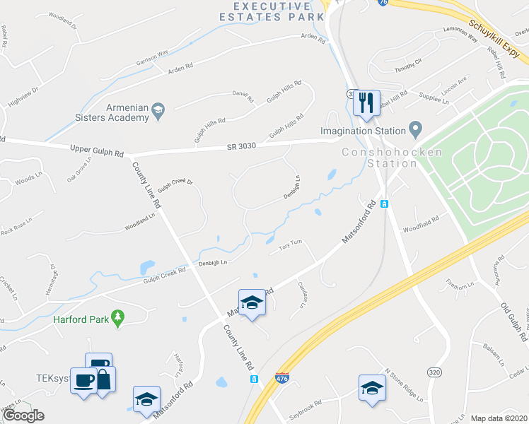 map of restaurants, bars, coffee shops, grocery stores, and more near 1238 Denbigh Lane in Wayne