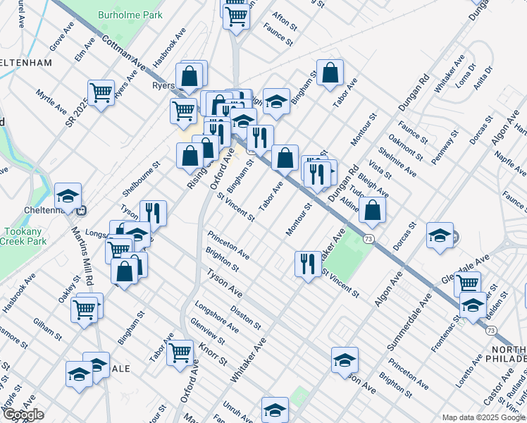 map of restaurants, bars, coffee shops, grocery stores, and more near 7215 Tabor Avenue in Philadelphia