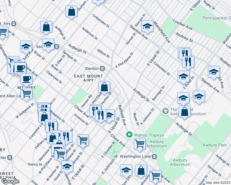 map of restaurants, bars, coffee shops, grocery stores, and more near 6600 Sprague Street in Philadelphia