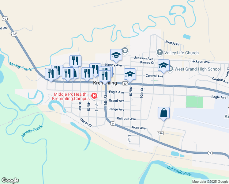 map of restaurants, bars, coffee shops, grocery stores, and more near 7th Street in Kremmling