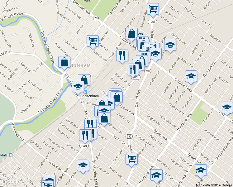 map of restaurants, bars, coffee shops, grocery stores, and more near 7012 Rising Sun Avenue in Philadelphia