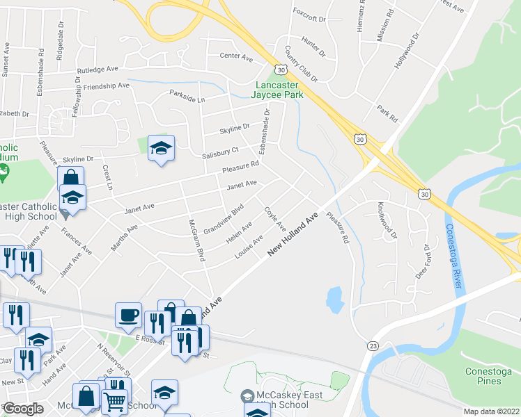 map of restaurants, bars, coffee shops, grocery stores, and more near 1068 Helen Avenue in Lancaster