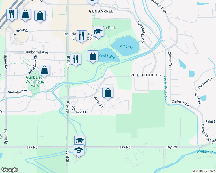 map of restaurants, bars, coffee shops, grocery stores, and more near 4563 Starboard Drive in Boulder