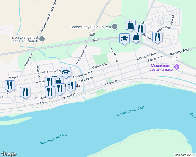 map of restaurants, bars, coffee shops, grocery stores, and more near 325 East Market Street in Marietta