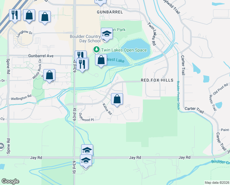 map of restaurants, bars, coffee shops, grocery stores, and more near 4563 Starboard Drive in Boulder