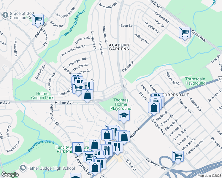 map of restaurants, bars, coffee shops, grocery stores, and more near 3329 Holme Avenue in Philadelphia