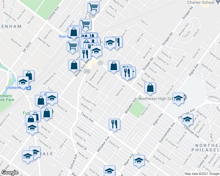 map of restaurants, bars, coffee shops, grocery stores, and more near 7224 Claridge Street in Philadelphia