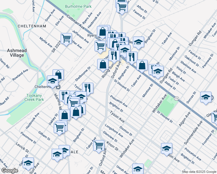map of restaurants, bars, coffee shops, grocery stores, and more near 7103 Oxford Avenue in Philadelphia