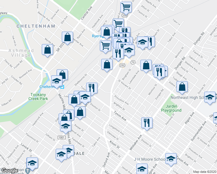 map of restaurants, bars, coffee shops, grocery stores, and more near 7103 Oxford Avenue in Philadelphia