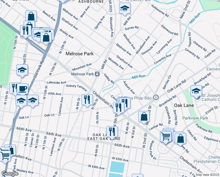 map of restaurants, bars, coffee shops, grocery stores, and more near 7224 Chestnut Avenue in Melrose Park