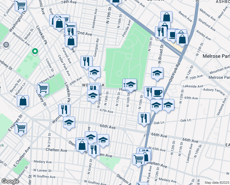 map of restaurants, bars, coffee shops, grocery stores, and more near 1629 68th Avenue in Philadelphia