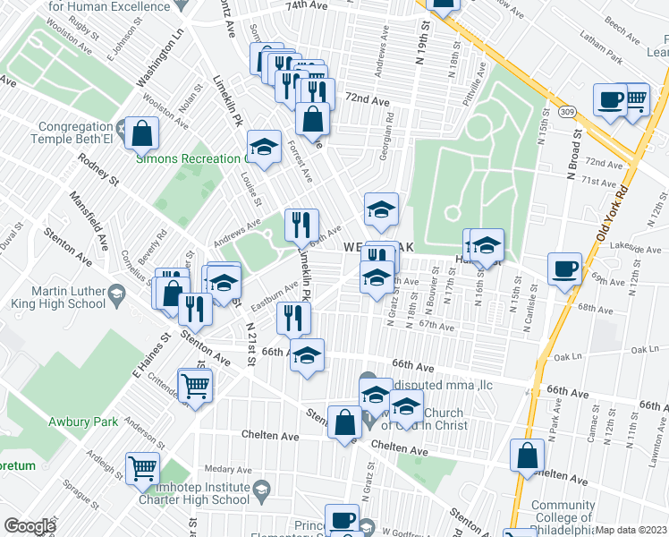 map of restaurants, bars, coffee shops, grocery stores, and more near 2008 East Rittenhouse Street in Philadelphia