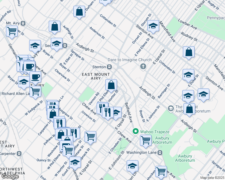 map of restaurants, bars, coffee shops, grocery stores, and more near 427 East Hortter Street in Philadelphia