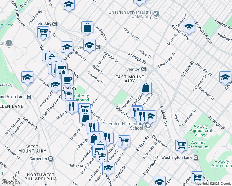 map of restaurants, bars, coffee shops, grocery stores, and more near 6802 Clearview Street in Philadelphia