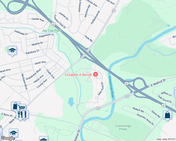 map of restaurants, bars, coffee shops, grocery stores, and more near 8 Knollwood Drive in Lancaster