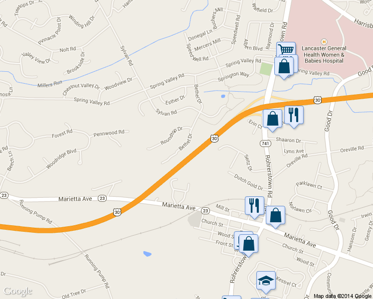 map of restaurants, bars, coffee shops, grocery stores, and more near 207 Bethel Drive in Lancaster