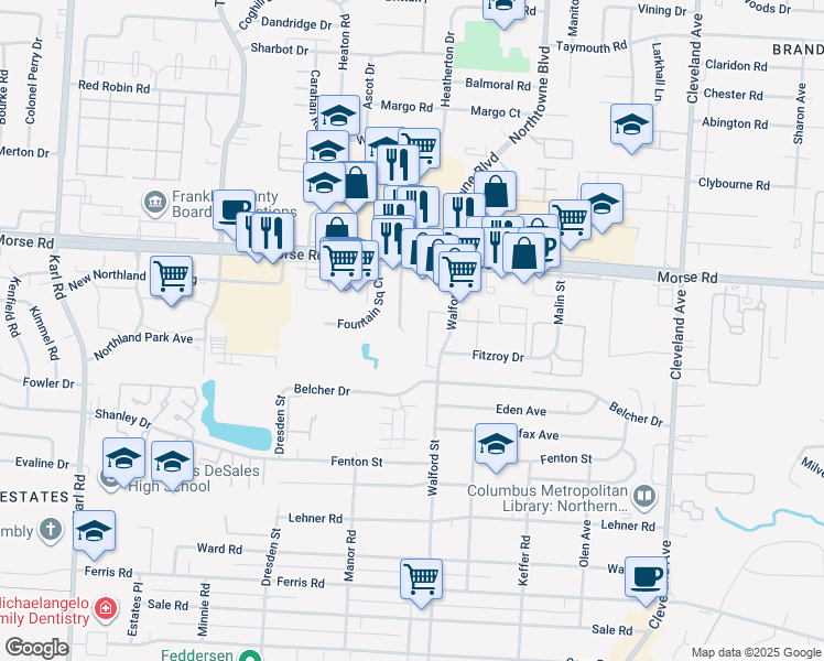 map of restaurants, bars, coffee shops, grocery stores, and more near 4370 Le Marie Place in Columbus