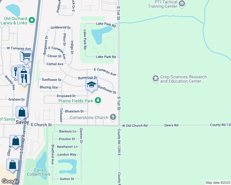 map of restaurants, bars, coffee shops, grocery stores, and more near 707A Sunflower Street in Savoy