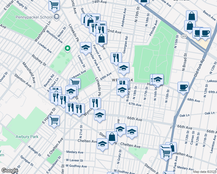 map of restaurants, bars, coffee shops, grocery stores, and more near 2008 East Rittenhouse Street in Philadelphia