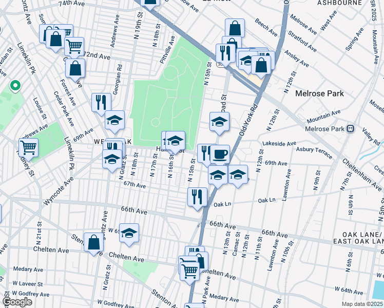 map of restaurants, bars, coffee shops, grocery stores, and more near 6828 North 15th Street in Philadelphia
